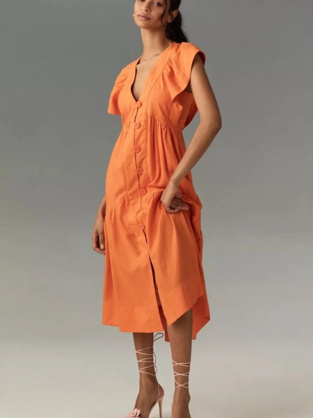 Reneé Flutter-Sleeve Linen Button-Front Midi Dress